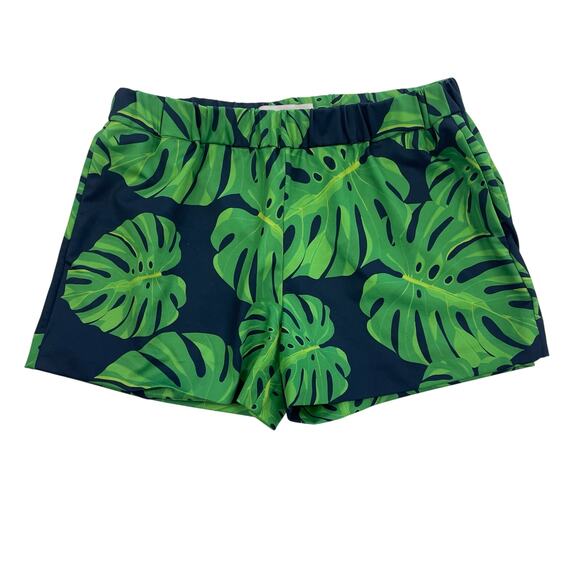 Elizabeth Ackerman Pull On Monstera Leaf Print Shorts Navy Green Womens Small - Picture 1 of 4